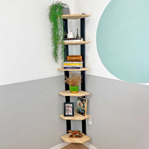 Estante de Canto de Madeira Pinus 6 Prateleiras Linea Natural e Preto