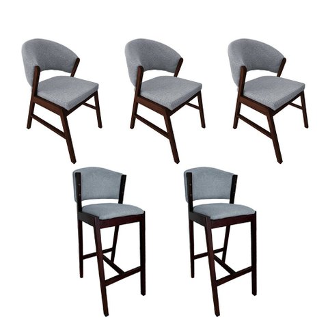 Kit 3 Cadeiras de Jantar Debora com 2 Banquetas Ana Madeira Maciça Castanho Premium Linho Cinza