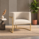 Ver imagem 1 de Poltrona Decorativa Luna Bouclé Premium para Sala Escritório Recepção Base Circular em Ferro Madeira