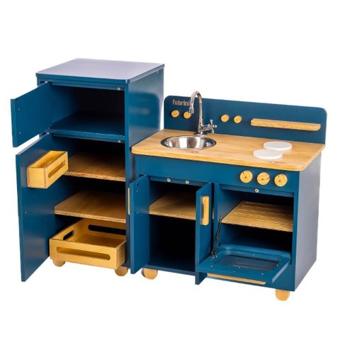 Cozinha Infantil Completa com Geladeira Azul Petróleo Fabrink