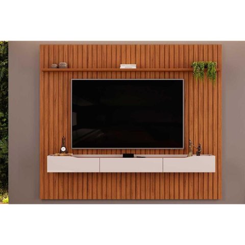 Estante P/ Sala até 85 Pol Pratic Ripado C/ 3 Gavetas 250x240cm Freijó/off White - Dj Móveis