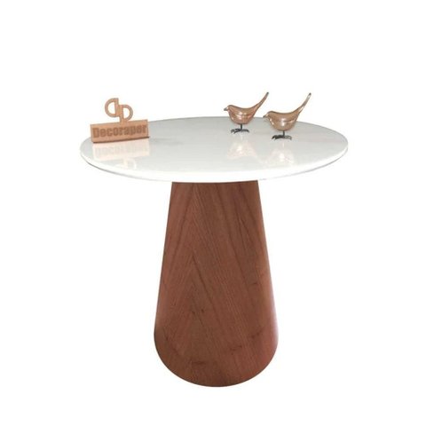Mesa de Canto Cone Amadeirado com Tampo Vidro 50cm Branco 70cm Branco