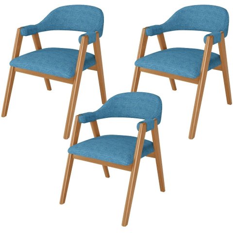Kit 3 Cadeiras de Jantar e Estar Living Estofada Nadja L02 Linho Azul - Lyam Decor