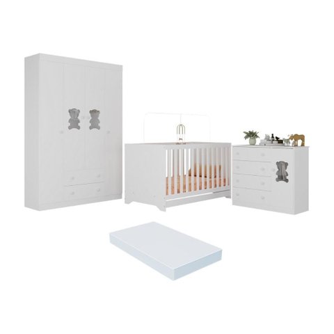 Quarto de Bebê Completo com Berço Americano 3 em 1 Colchão Teddy Multimóveis Mp4660 Branco
