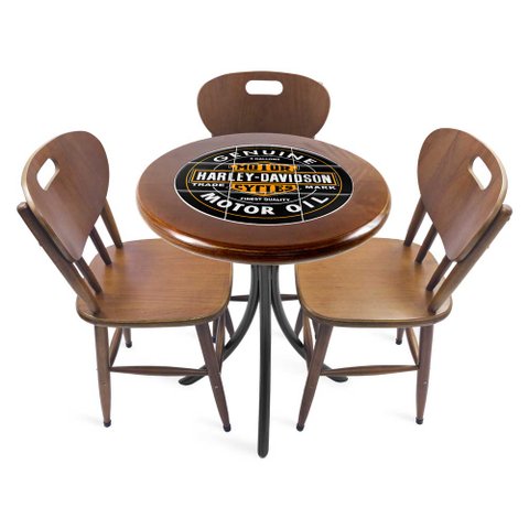 Cj Mesa Madeira Azulejo 60cm - Bistrô Fixa 78cm + 3 Cadeiras 43 - Natural - Harley Davidson Genuine