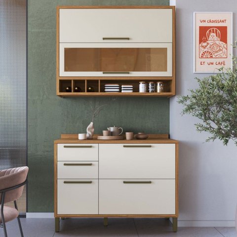Armário de Cozinha Modulada com Balcão e Tampo 4 Portas 3 Gavetas Ágata 100% Mdf Vidro Reflecta Amên