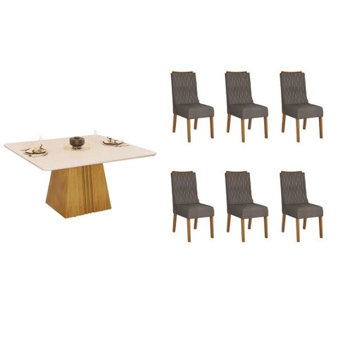 Sala de Jantar Completa Itália C/ Tampo Madeirado C/ Vidro Curvo 136x136cm e 6 Cadeiras Jade Cedro/
