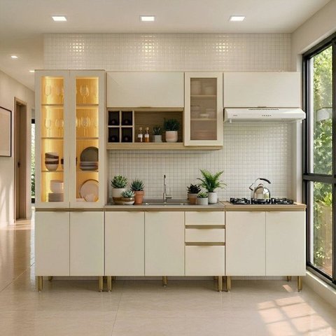 Cozinha Modulada 5 Peças Cristaleira LED Balcão Cooktop e sem Tampo de Pia Nanda