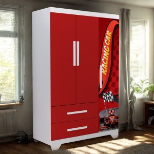 Roupeiro Infantil Design Carro Meninos com 2 Gavetas em Mdf:vermelho