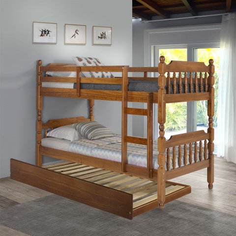 Conjunto Beliche torneado com Cama Auxiliar em Madeira Maciça Mv Outlet Mel