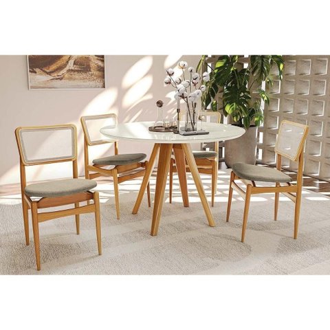 Mesa Cozinha Duna Premium Madeira Maciça C/ Tampo Madeirado C/ Vidro 120x120cm e 4 Cadeiras Stela
