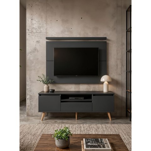 Rack para TV com Painel e Prateleira 150cm Retro MDF Grafite Dallas - On Móveis
