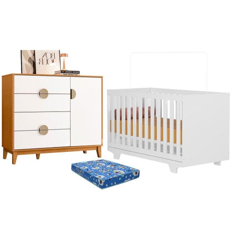 Berço Nacional Life 2217COM Colchão Ortobom e Cômoda Sapateira Ipe Branco Cinamomo - Móveis Albatroz
