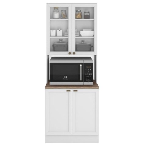 Paneleiro 4 Portas Vidro Nicho Microondas 213x70 Cm Unna Branco Poliman