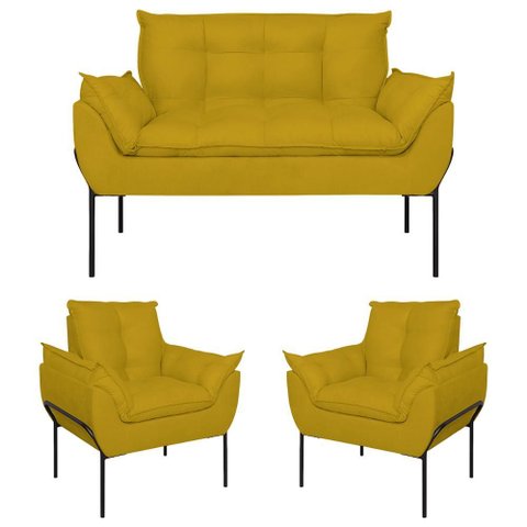 Kit 02 Poltronas + Namoradeira Pé Metal Preto Recepção Sala Cor:amarelo