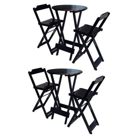 Kit 2 Jogos De Mesa Bistrô Dobrável Em Madeira Maciça Com 2 Banquetas Altas - Preto - Preto