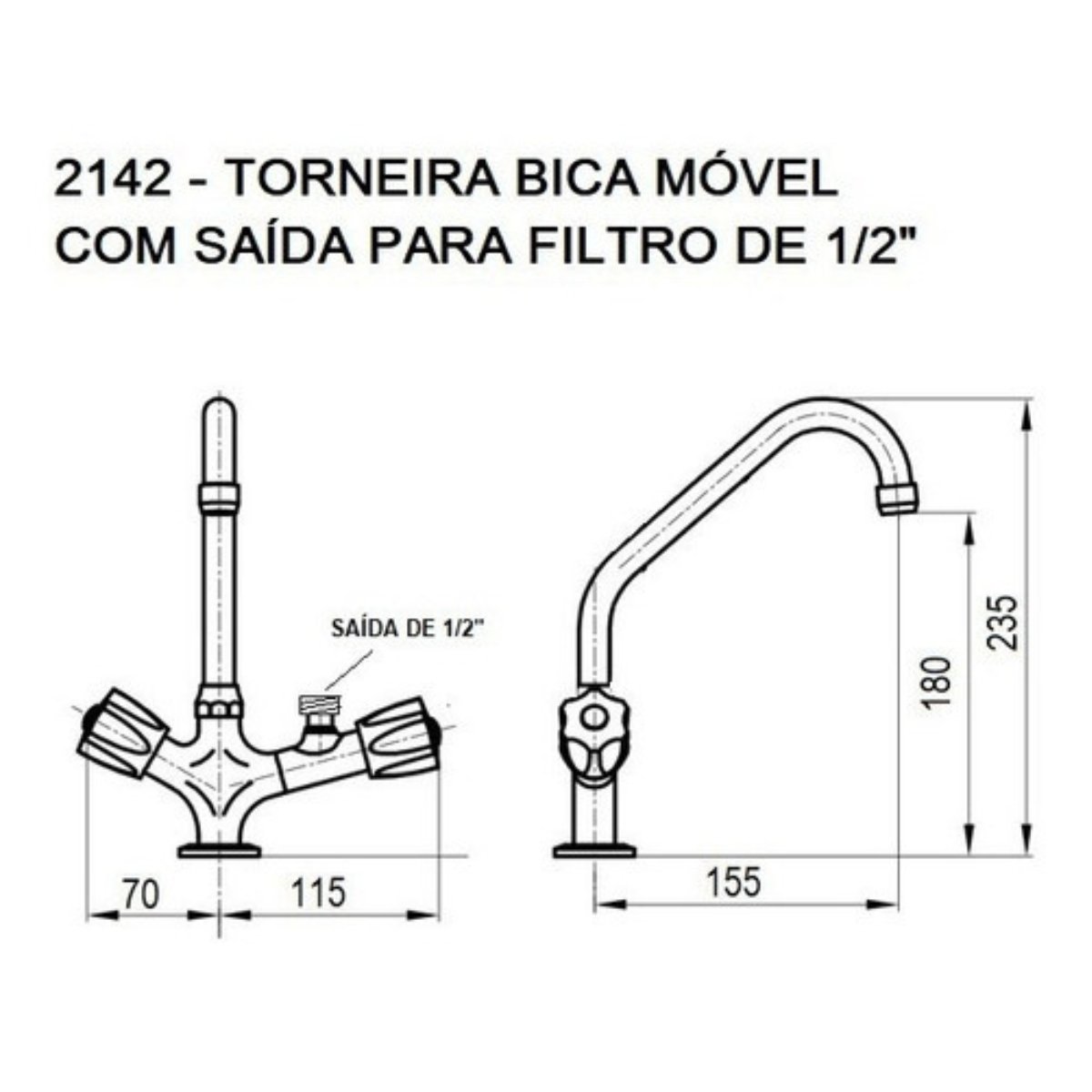 2142 C80 Torneira Bica Móvel Tradicional Metal Bancada Pia Cozinha P/ Filtro 1/4" ou Purificador 1/2 - 2