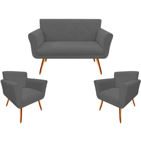 Kit Namoradeira + 2 Poltronas Decorativa Sabrina Suede Cinza Pés Madeira Mz Decor