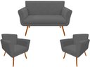 Ver imagem 1 de Kit Namoradeira + 2 Poltronas Decorativa Sabrina Suede Cinza Pés Madeira Mz Decor