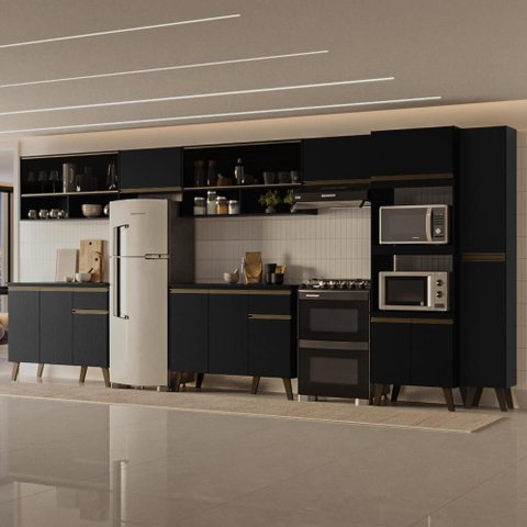 Armário de Cozinha Completa Atlanta Zone com Vidro Carraro Preto Touch