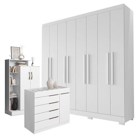 Guarda Roupa Casal Porto 8 Portas 4 Gavetas com Cômoda Sapateira Sevilha e Armário Multiuso Floren