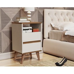 Mesa de Cabeceira Toner 2 Gavetas Pés Palito Estilo Retrô Cor Off White / Freijó - Comprar Moveis em - 1