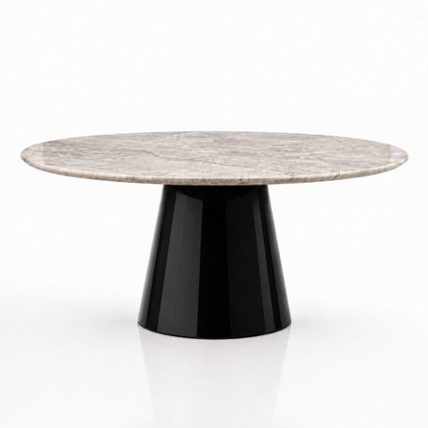 Mesa de Jantar Cone Oval 244x137 cm Tampo Quartzito Taj Mahal e Base Laca Preta