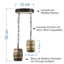 Ver imagem 2 de Luminária Lustre Pendente Barril Duplo de Madeira Maciça Colonial Retrô - Rústico + Lâmpadas