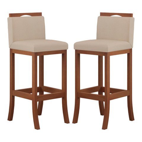Kit 2 Banquetas Alta Encosto Estofado 38x102 Cm Turim Madeira Maciça Pinhão Suede Bege CCS