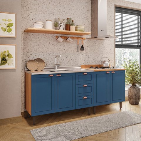 Cozinha Pérola 2 Peças Balcão 3 Gavetas 2 Portas e Balcão 2 Portas Yescasa Azul/Freijó