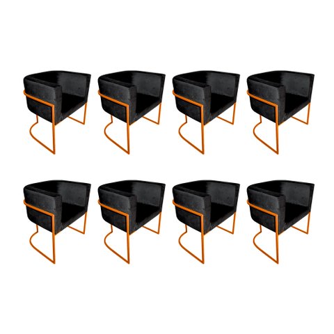 Kit 8 Poltronas Decorativa Sala de Estar Base de Ferro Cobre Veludo Preto