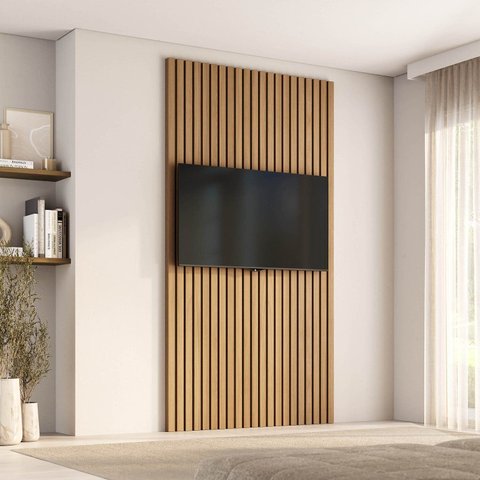 Painel Ripado para TV 48 Polegadas Planejado 120x230cm Aruá CabeCasa MadeiraOriginals Marrom/Jatobá