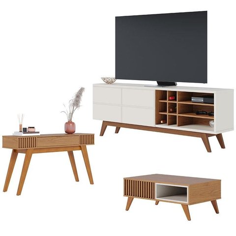 Rack Bancada Noronha 1.8 Off White Matte Freijó com Mesa de Centro Jeri Freijó Off White e Aparador 