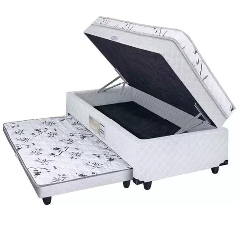 Cama Box Baú Solteiro Conjugado com Cama Auxiliar Bicama 3 em 1 Matelassê Branco Bello Box
