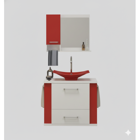 Kit Gabinete Cuba e Espelheira 60cm para Banheiro Moderno:branco/vermelho