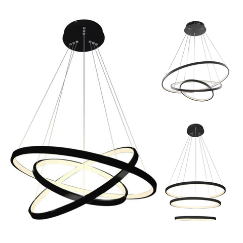 Lustre Pendente Moderno 3 Anéis Led 60w Preto Branco Quente Bivolt 9001-3p