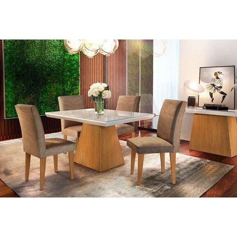 Conjunto: Mesa de Cozinha Luna Tampo Madeirado c/ Vidro Canto Reto 120x80cm e 4 Cadeiras Grécia