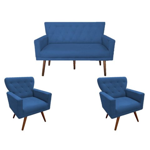 Kit Namoradeira + 2 Poltronas Decorativa Aurora Suede Azul Marinho Pés Madeira Ms Decor