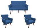 Ver imagem 1 de Kit Namoradeira + 2 Poltronas Decorativa Aurora Suede Azul Marinho Pés Madeira Ms Decor