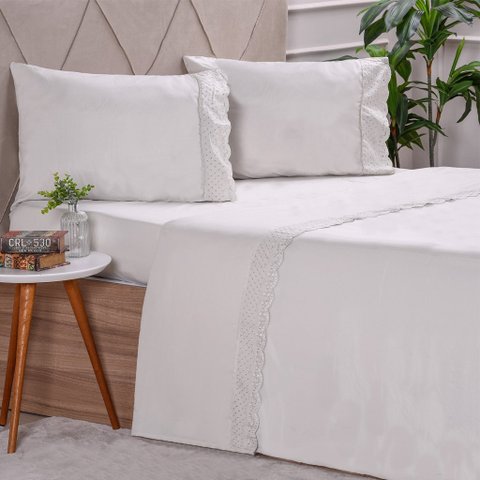 Jogo de Cama Casal 4 Pçs Bordado Inglês