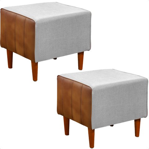 Kit 2 Puff Retangular Alicia Linho Gelo e Corano Nozes Pés Palito Castanho - Arkell