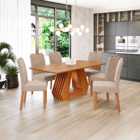 Sala de Jantar 6 Lugares 180 cm Vittória Cadeiras Madeira Maciça Cinamomo/Bege - Panorama Móveis