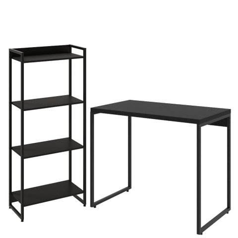 Kit Para Escritório Estante Areta 4 Prateleiras Mesa Industrial Aspen 90cm C01 Onix - Lyam Decor
