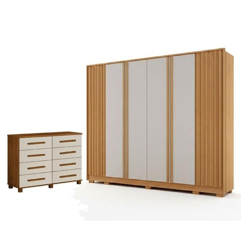 Guarda Roupa Casal Evo 6 Portas Cinamomo e Off-white com Cômoda San Marino 8 Gavetas Cinamomo Off-wh