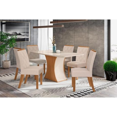 Conjunto: Mesa de Cozinha Luiza C/ Tampo de Vidro 160x90cm e 6 Cadeiras Vita Nature/off White -