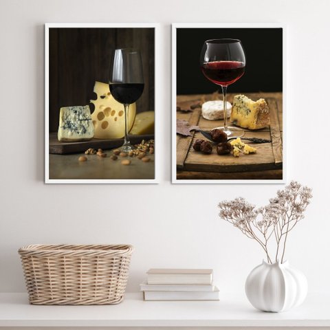 Kit 2 Quadros Fotografias Rusticas Queijos e vinhos 24x18cm - com Vidro:madeira Branca