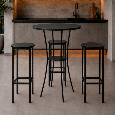 Conjunto Mesa Alta Bistrô Porto com 3 Banquetas Alta Kassel Cor Preto - Kmj