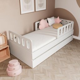 Bicama Solteiro Mdf Branco com 02 Grades e Cabeceira Anatômica Mobilistore - 1