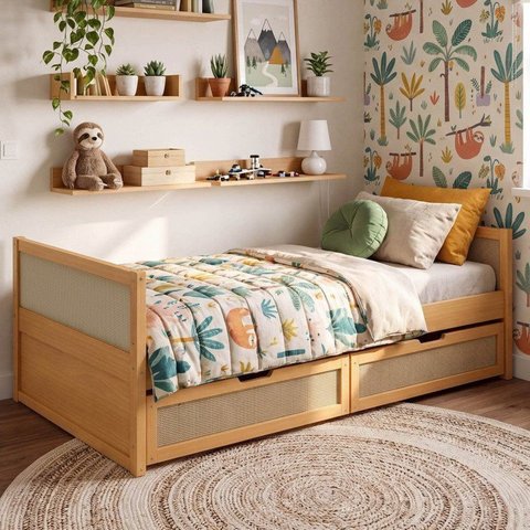 Cama Solteiro Madeira Maciça com Gavetas Magna Kids Casatema MadeiraOriginals Marrom/Natural