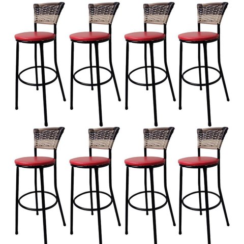 Kit 8 Banquetas Bistrô Aço Junco Sintetico Degrade Assento Vermelho